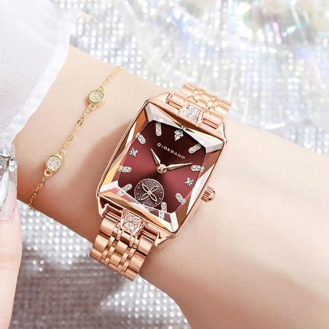 Giordano Analog Watch for Women - Rectangular Dial, Crystal Hour Markers and Rose Gold Stainless Steel Strap