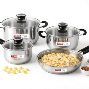 Vinod Stainless Steel Induction and Gas Stove Friendly Master Chef Cookware Set- 4Pieces, Saucepan (16 cm/1.5 Litre), Casserole (18 cm /2.1 L Kadai (20 cm/ 2 Litre) with Glass Lids, Frypan (20 cm).