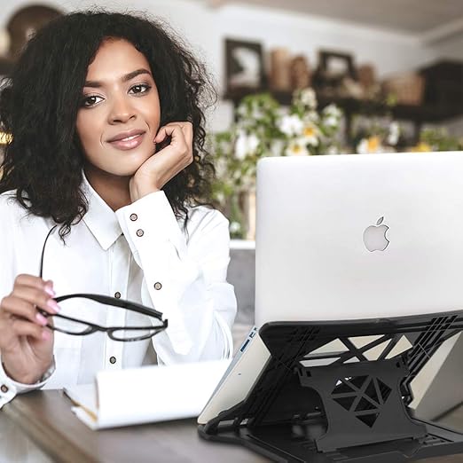 STRIFF Adjustable Laptop Tabletop Stand Patented Riser Ventilated Portable Foldable Compatible with MacBook Notebook Tablet Tray Desk Table Book with Free Phone Stand (Black) - Image 2