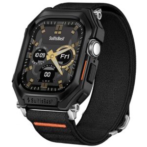 Suitisbest Stretchy Nylon Band Compatible with Apple Watch Strap 49mm 46mm 45mm 44mm with Rugged Cover, for Apple Watch Ultra 3/2/1 Series 11/10/9/8/7/6/5/4/SE, Durable iWatch Strap and Case for Men