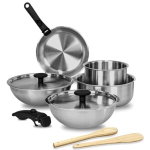 Kreme TRICLAD Triply Cookware Set 11pcs | Stainless Steel | Kadai 2.1L | Kadai 2.85L | Fry Pan 2 L | Sauce Pan 1.75 L, Casserole 3.3L, 2 Handle, 2 Lid, 2 Cooking Spoon, Oven Safe, 5Yr Warranty