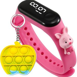 Digital Dial Waterproof Stylish & Fashionable Wrist Smart Watch LED Band for Kids, Colorful Cartoon for Boys & Girls (Removable Silicon Strap) (Pink, One Size, Pink)