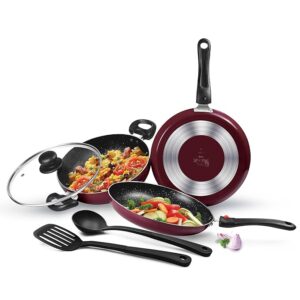 Milton Pro Cook Kitchen Pride Non-Stick Cookware Set of 5 | Includes Nonstick Tawa, Frying Pan, Kadhai with Lid, Nylon Laddle & Spatula | Non-Induction Base | Peach Color