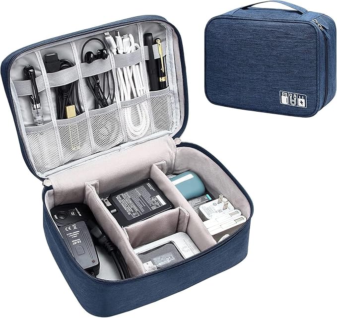 Polyester Electronics Accessories Organizer Bag Universal Carry Travel Cable Organizer Case for USB Power Bank Phone Charger Headphones Memory Cards Hard Drive Multi-Function (Blue)