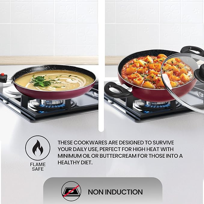 Milton Pro Cook Kitchen Pride Non-Stick Cookware Set of 5 | Includes Nonstick Tawa, Frying Pan, Kadhai with Lid, Nylon Laddle & Spatula | Non-Induction Base | Peach Color - Image 3