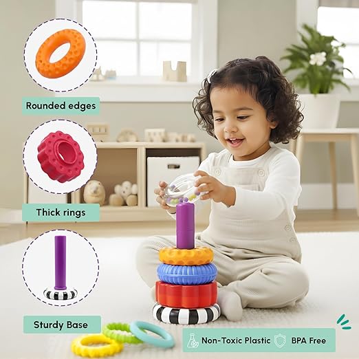 Curious Cub Ring Stacker Baby Toy for 6+ Month Old Baby with Different Sensory Rings & Rattle | Stacking Montessori Learning Toy for Early Brain Development for Kids & Infants - Image 3