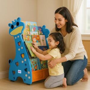 Jam & Honey Animal Theme Bookshelf for Kids|4-Tier Display Rack |Storage|Organizing|Kids Bookcase|Perfect for Home,Play-Schools,Nursery|Easy Assembly| Compact|Plastic,Blue Orange