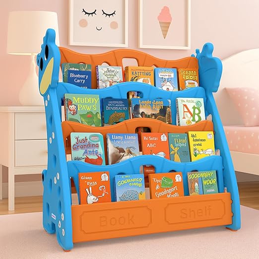 Jam & Honey Animal Theme Bookshelf for Kids|4-Tier Display Rack |Storage|Organizing|Kids Bookcase|Perfect for Home,Play-Schools,Nursery|Easy Assembly| Compact|Plastic,Blue Orange - Image 2